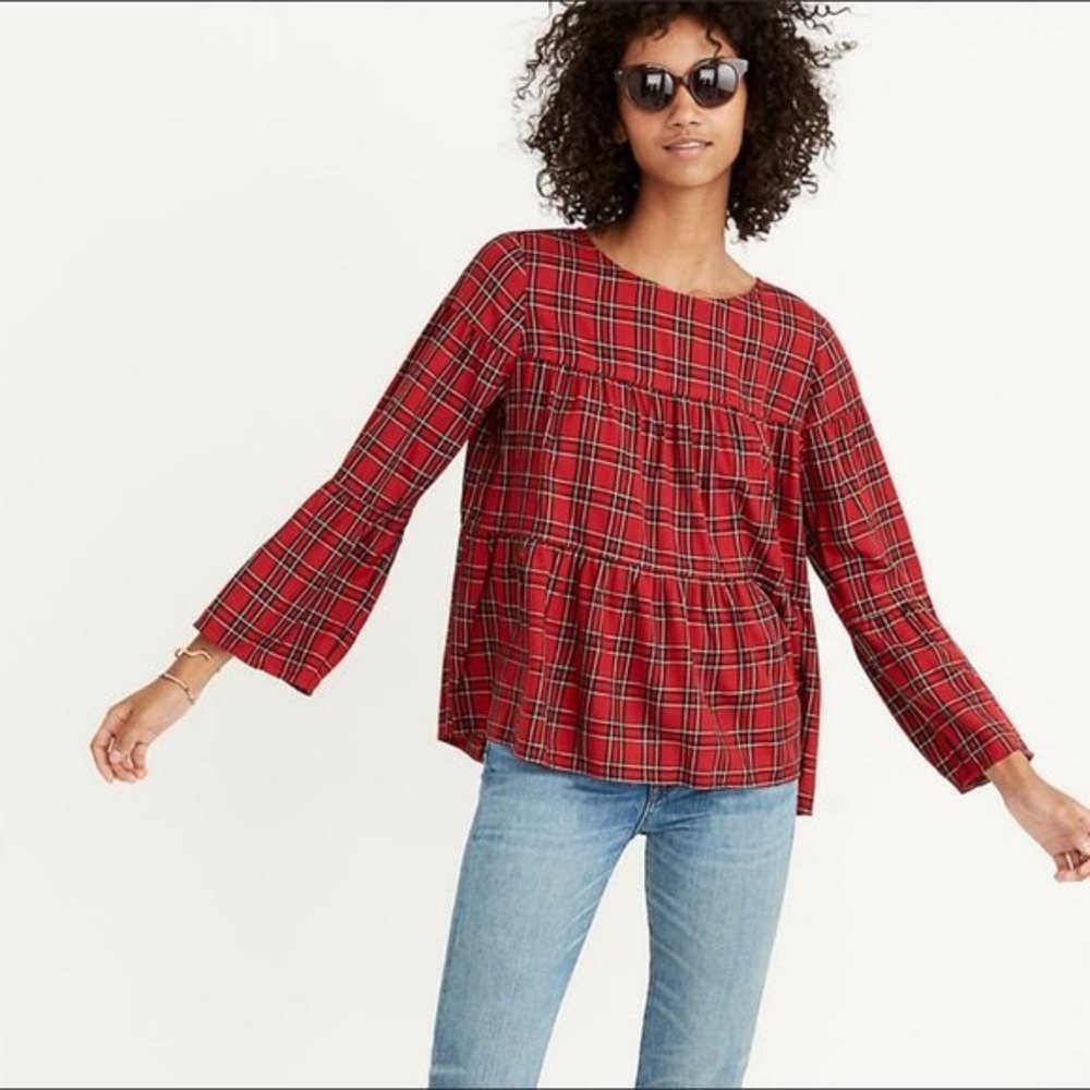 Madewell Red Plaid‎ Tiered Button Back Top Xxs H3271
